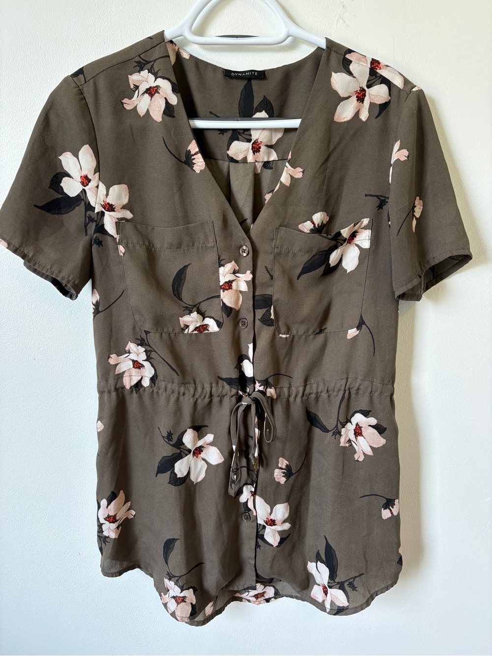 Dynamite Green Floral Button-Front Tie Top